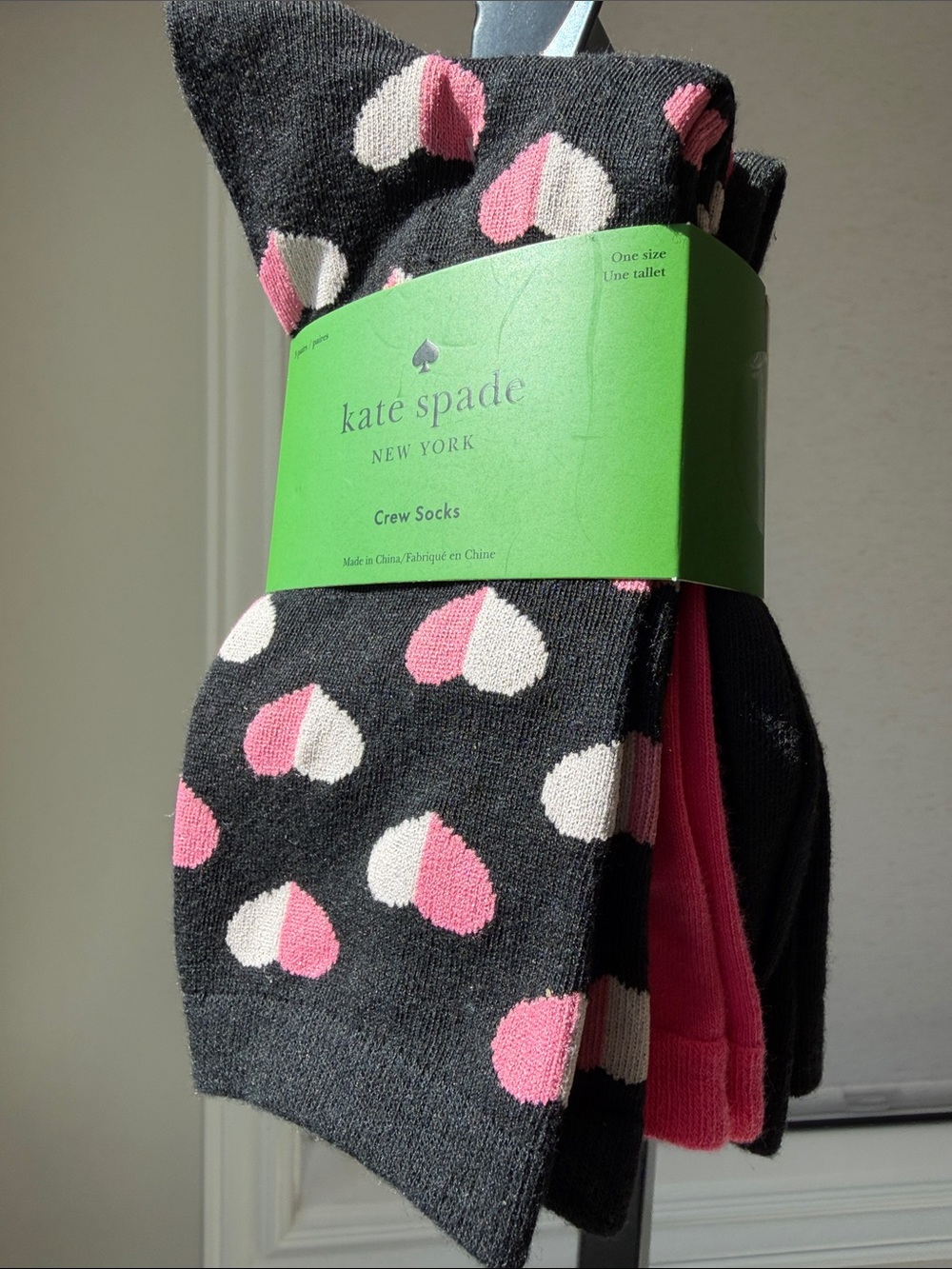 kate spade Black Crew Socks with Pink Heart Motif - 3 Pack